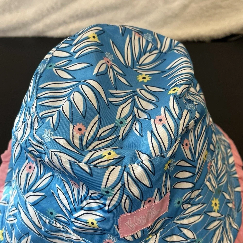 UV Skinz Girls 4T Bucket Sun Hat Floral Pink Blue White Ruffles Beach Tropical